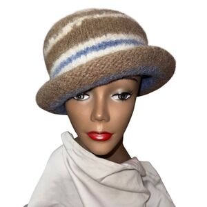 Vintage Striped Cloche Knit Bucket Style Hat‎ Brown Blue White Cozy Winter Fall